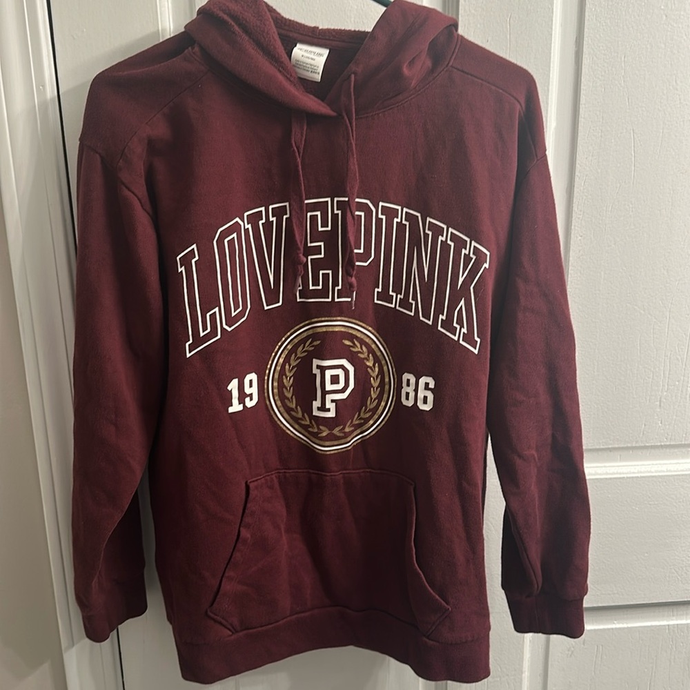 PINK Victoria's Secret Maroon Pullover Hoodie Medium with LOVE PINK Logo